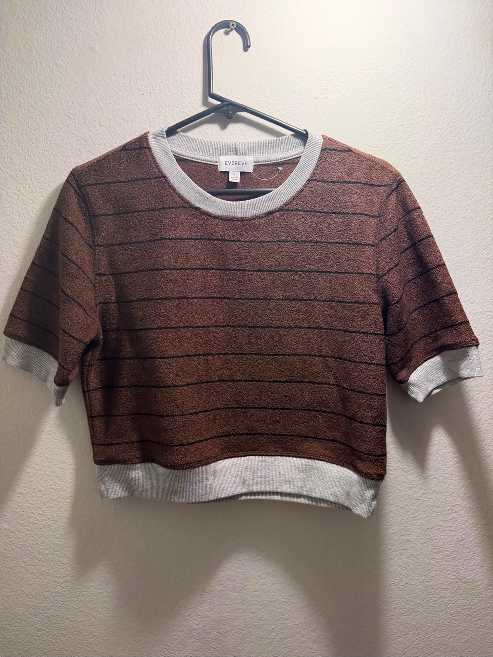 Evereve Brown Striped Cropped Knit Top with Cream Trim